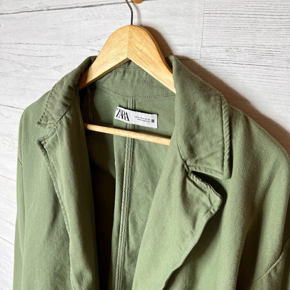Zara Shacket Womens Size Medium Sage Green Denim Wide Arm Sleeve 100% Cotton - Picture 11 of 15